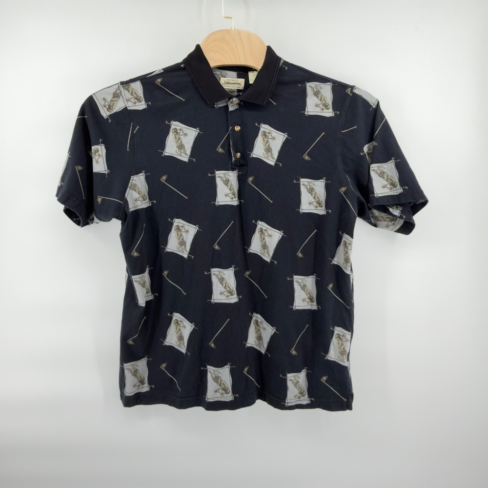 Vintage St. John's Bay Golf Shirt Mens L Black Grey Tan Polo All Over Print